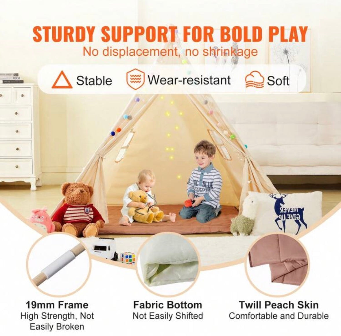 Kids Play Tent Teepee For 1-5 Years Old With Mat & Plush Balls