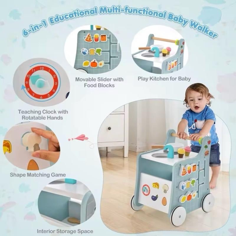 DORTALA 6-in-1 Wooden Baby Walker Activity Play Kitchen