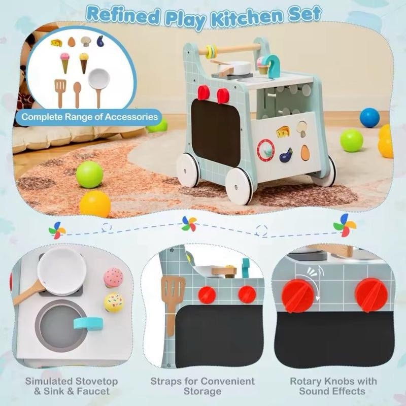DORTALA 6-in-1 Wooden Baby Walker Activity Play Kitchen